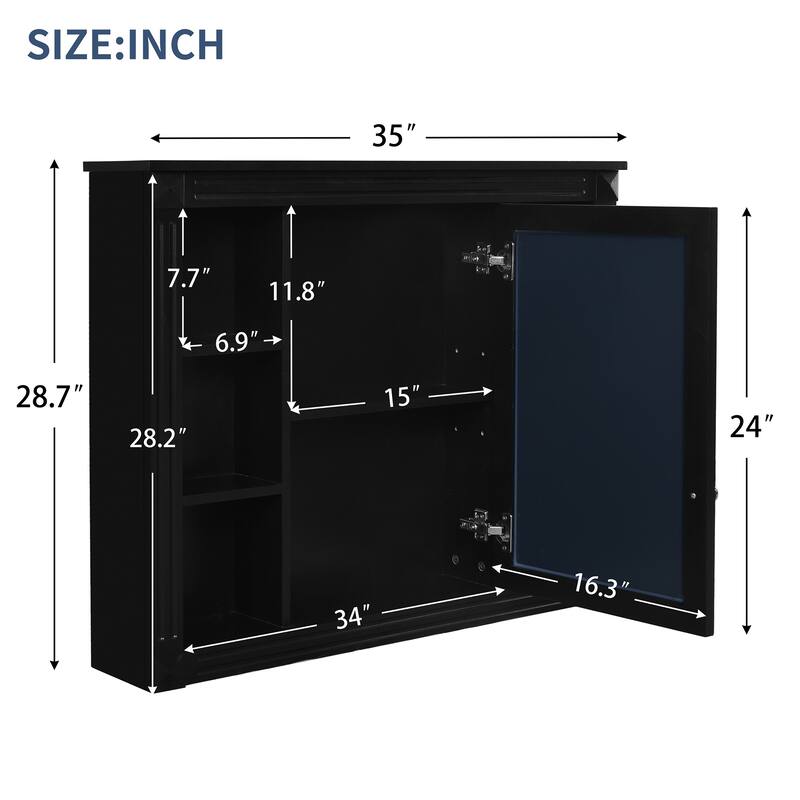 Lines Groove Design Medicine Cabinet Storage Wall Cabinet with High Definition Mirror, 6 Open Shelves and Adjustable Shelf