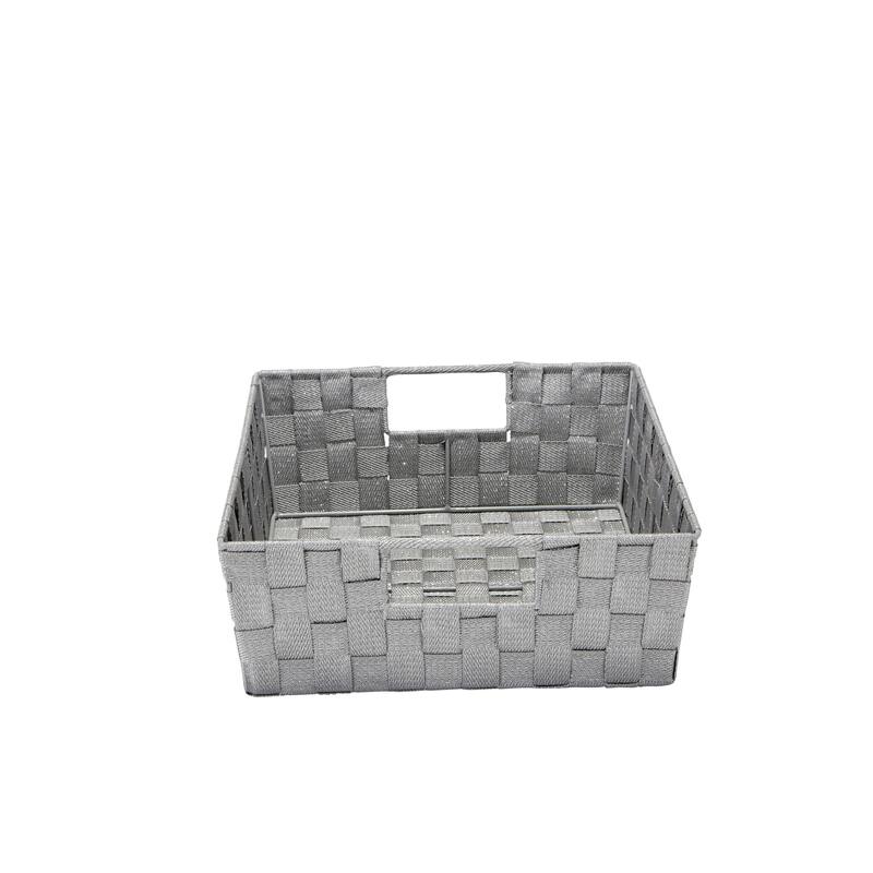 Simplify Large Lurex Striped Woven Storage Shelf Bin in Grey/Silver - 13" x 15" x 5"
