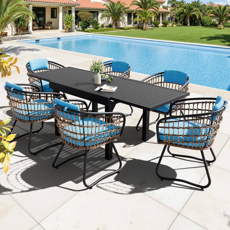 5/7/11PC Outdoor Patio Extendable Table Dining Sets with Rattan Chairs - 7PC-Blue