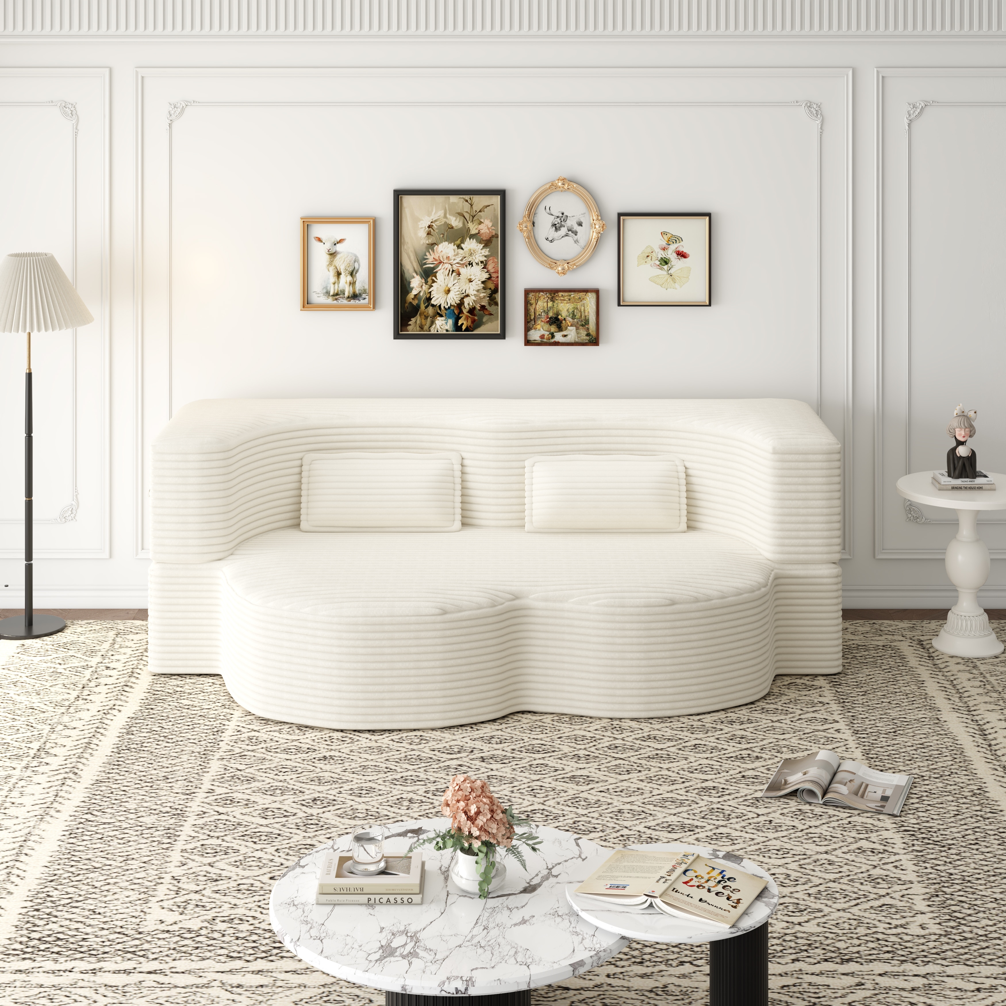 Comfort Plush Corduroy Sofa Couch with 2 Pillows, Convertible Floor-Standing Upholstered Sofa Bed for Living Room Furniture