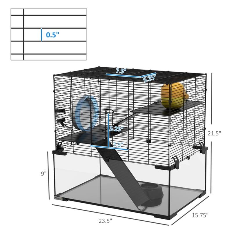 Black-Transparent Hamster Cage with Steel Frame, Glass Base and Accessories - 23.5" L x 15.75" W x 21.5" H