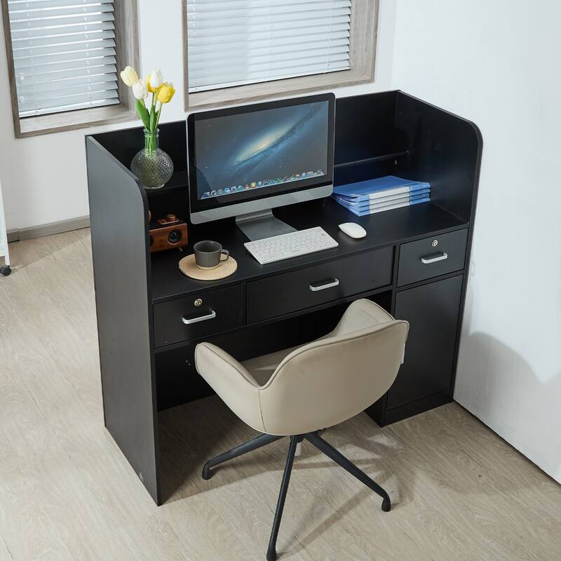 Black MDF Reception Desk with 3 Drawers and Cabinet Storage