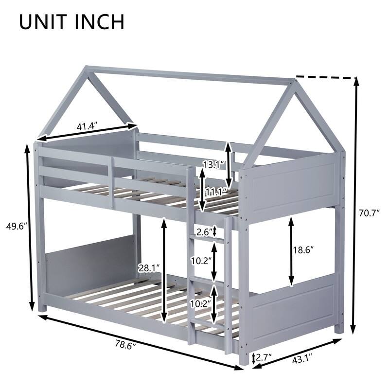 Twin Over Twin House Floor Bunk Bed with Headboards, Ladder, Safety Guardrails