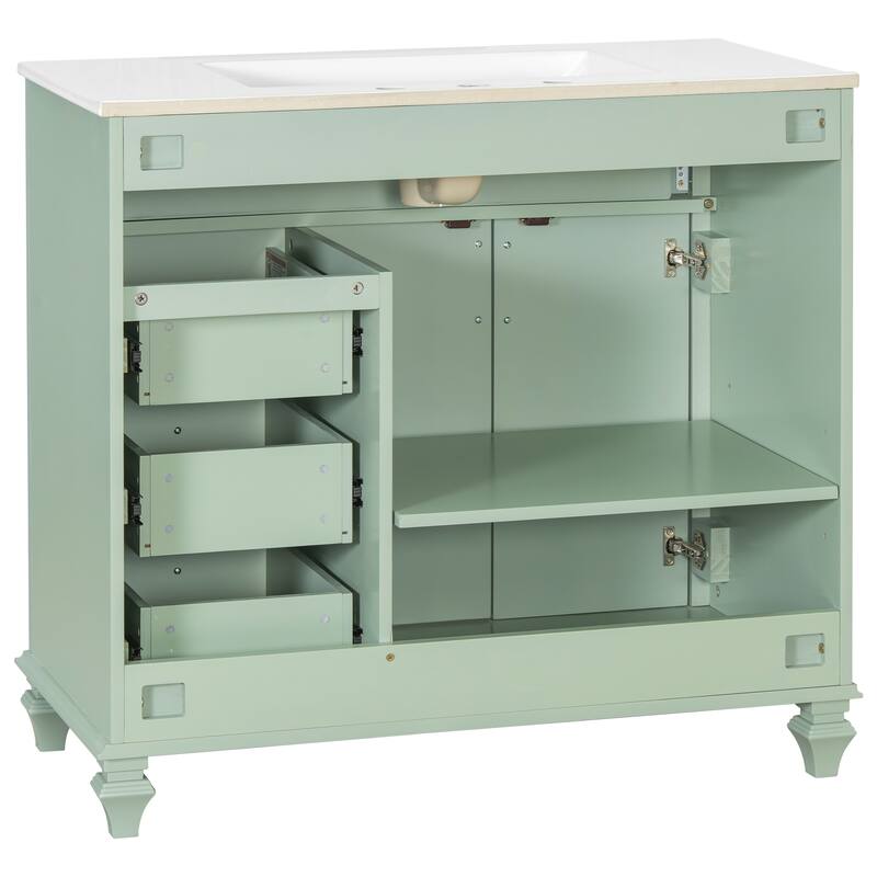 36" Bathroom Vanity with Sink - Solid Wood Cabinet with Flip Drawer, 3 Drawers & 2 Doors, Gold Handles, Modern Vanity