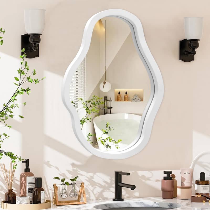 Irregular Wavy Wall Mirror, Boho Vanity Mirror Decorative Wood Framed for Bathroom, Bedroom, Living Room, Cloakroom, Entryway