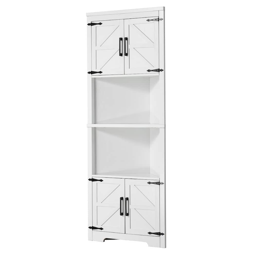 68" White Corner Storage Cabinet with 6 Adjustable Shelves and 4 Wooden Doors - 27"L x 14.2"W x 67.3"H