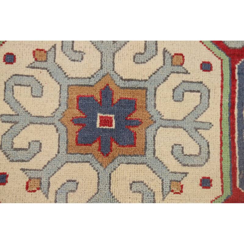 Geometric Red Kazak Oriental Runner Rug Hand-Knotted Wool Carpet - 3'4" x 6'7"