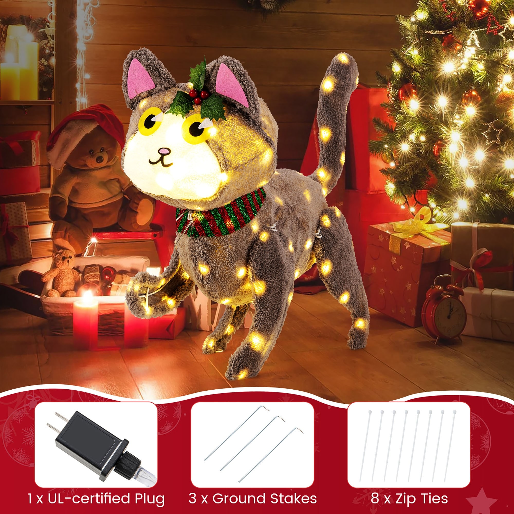 Xmas猫✨ Gymax Lighted Christmas Cat w/ 88 LED Lights 4 Ground Stakes Cable