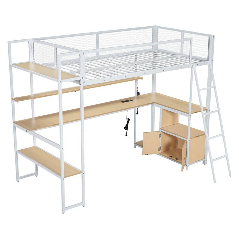 Roomfitters Twin Metal Loft Bed with Work Station, Open Shelves and Multi-Functional Storage Space