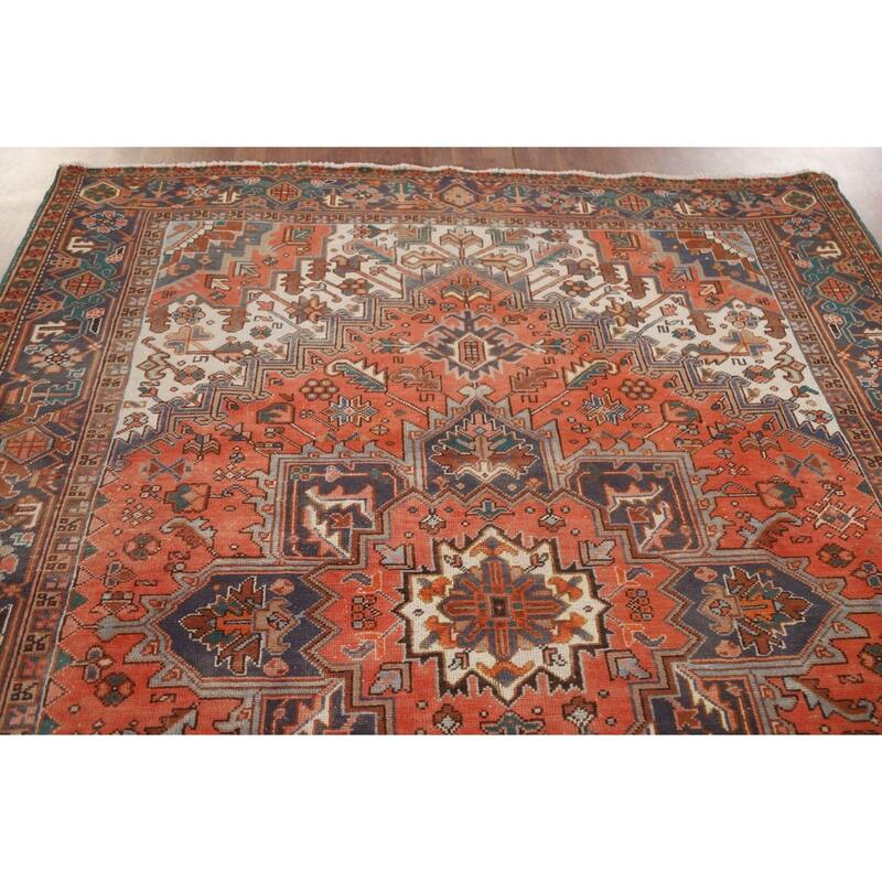 Hand Knotted Oriental 100% Wool Carpet Traditional Medallion Oranges & Rust Heriz Area Rug - 8' 9'' X 6' 7''