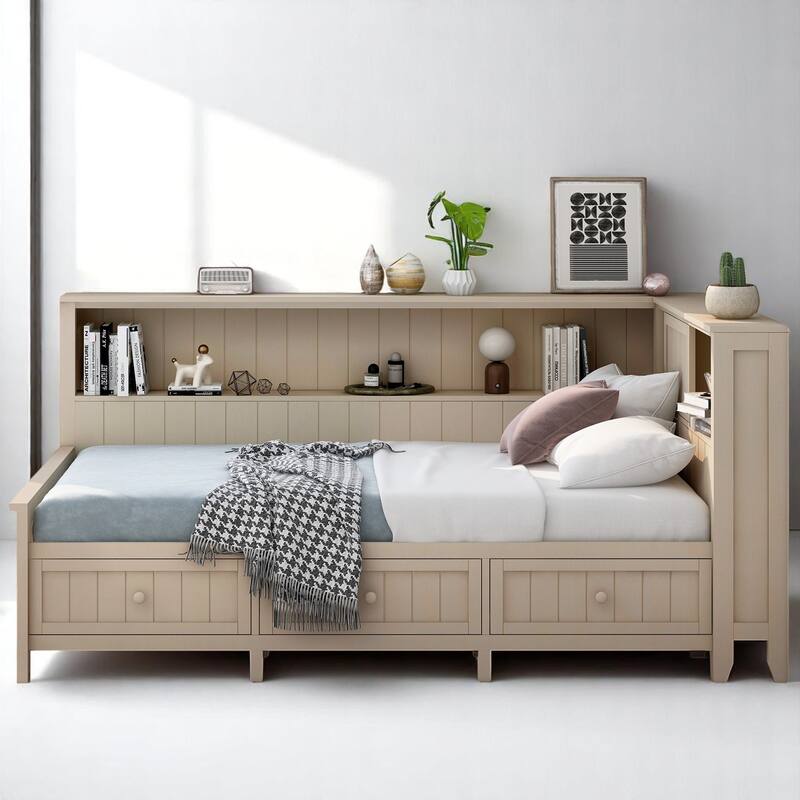 Full/Twin Daybed with Storage Shelves and 3 Drawers, Antique White Milk Farmhouse Platform Bed Frame, No Box Spring Needed