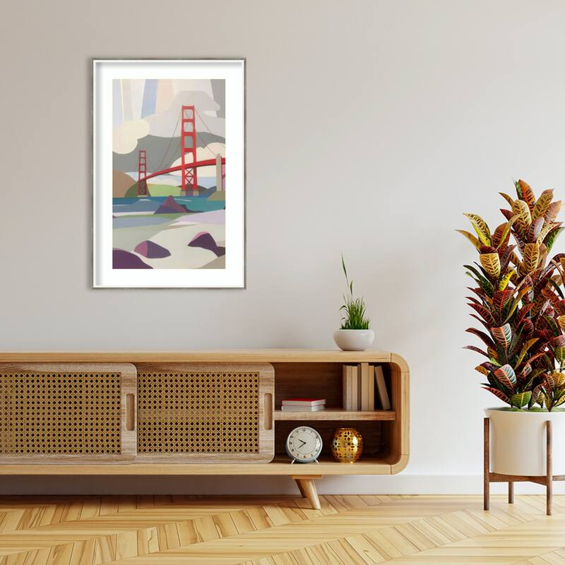 Golden Gate Bridge from Baker Beach by Melba Browne Wood Framed Wall Art Print - Lucie Silver White