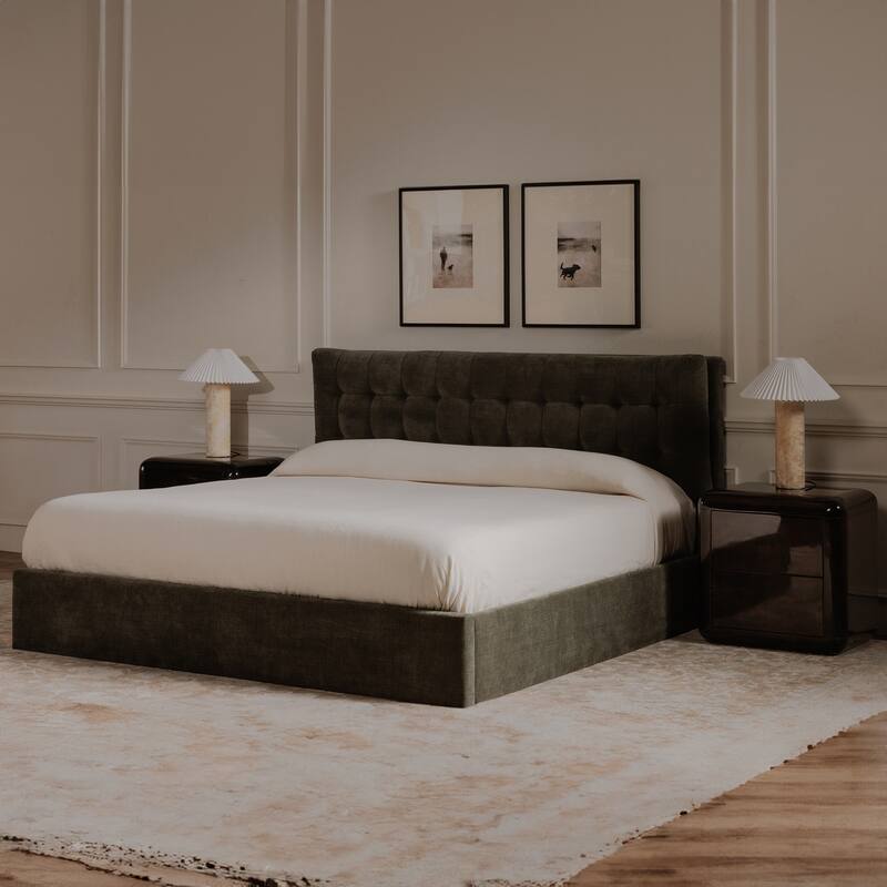 NADAAL STUDIOS Aloura Green Upholstered King Bed with Tufted Headboard and Hydraulic Lift Storage