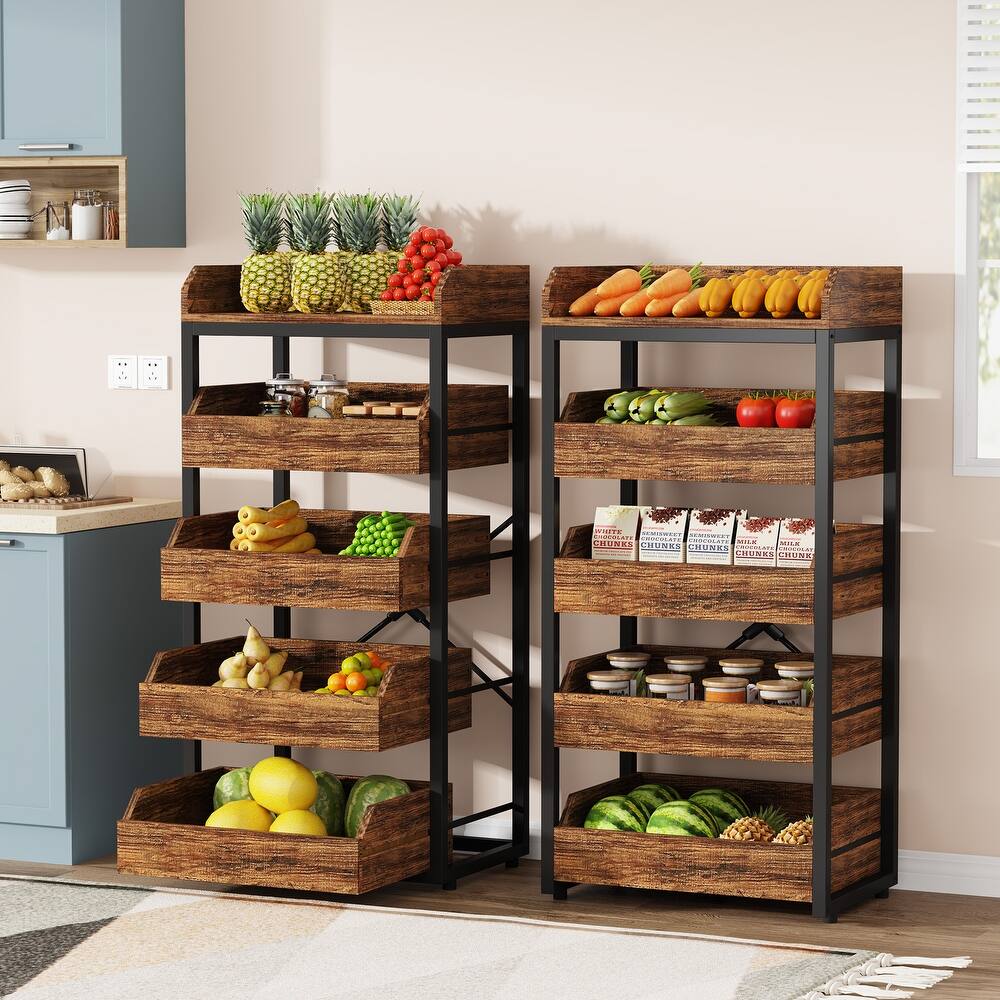 23.6'' W Fruit and Vegetable Wood Storage Rack, 5-Tier Pull-Out Snack Stand Fruit Basket Stand