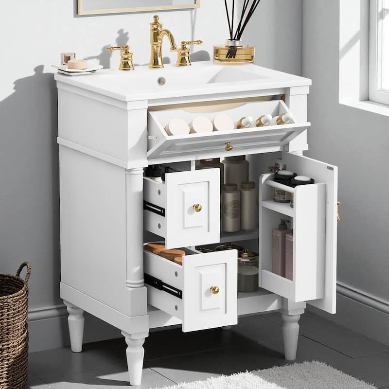 24" Freestanding Bathroom Vanity with Ceramic Sink, Solid Rubberwood Frame, Flip Drawer & Adjustable Shelf