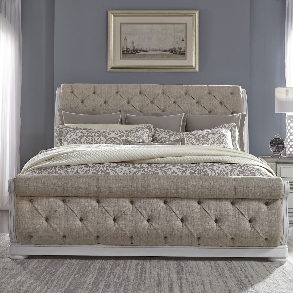 The Gray Barn Bevers Bay Antique White Queen Upholstered Sleigh Bed