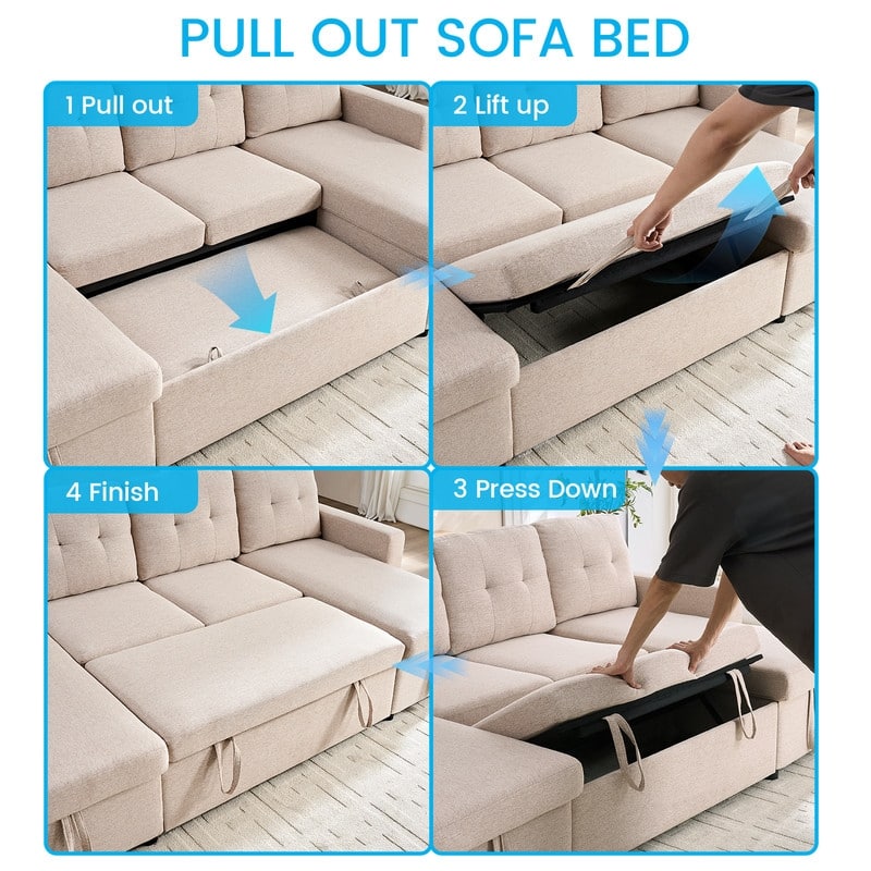 98"W 4-Seater Modular Sleeper Sofa Bed with Storage Chaise,U-shaped Sofa with Pull-out Bed
