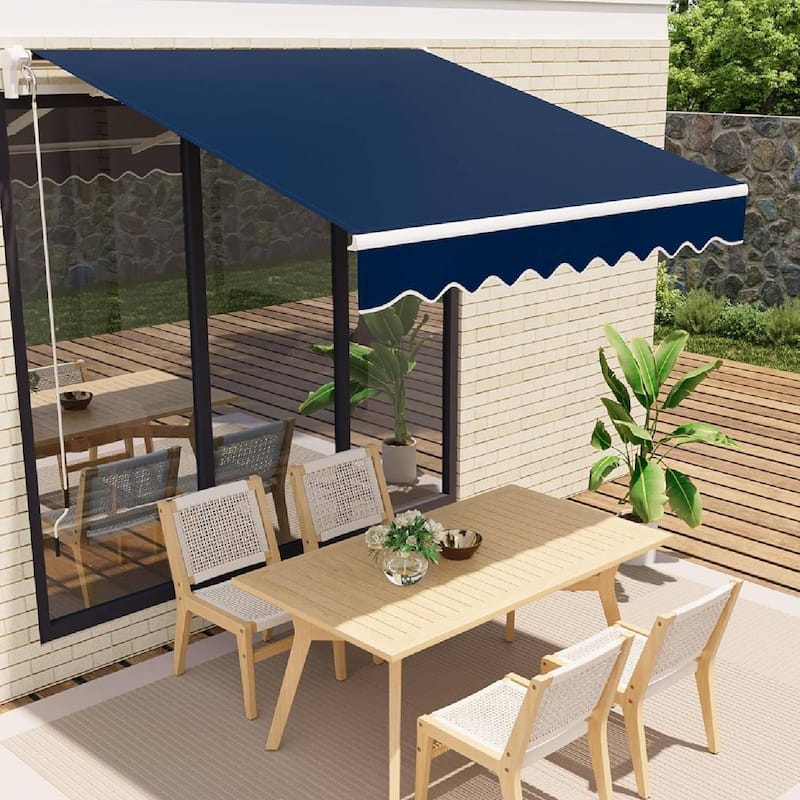 10'x8' Retractable Waterproof Patio Awning, Sun Shade Awning with Manual Crank Handle - N/A - Blue