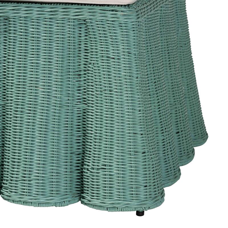 Palm Scallop Natural Rattan Ottoman with Cushion – Handwoven Wicker Accent Bench or Footrest for Living Room or Sunroom, Square