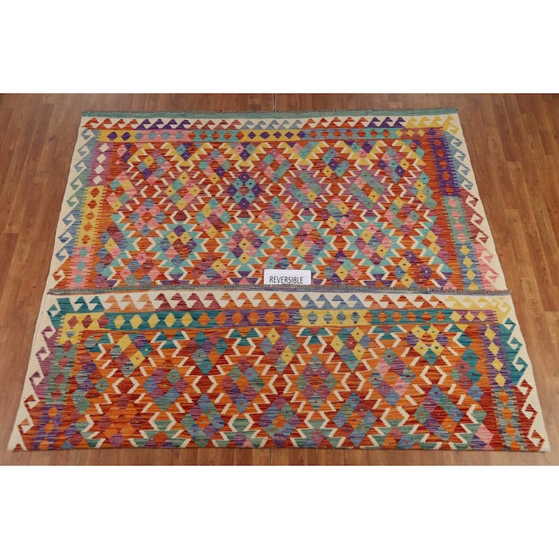 Reversible Kilim Oriental Area Rug Flatweave Orange Wool Carpet - 8'0" x 9'7"