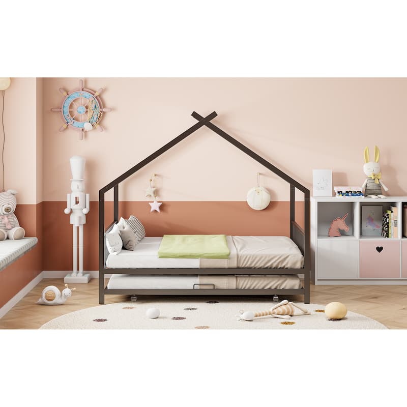 Full Size Metal House Bed with Twin Size Trundle