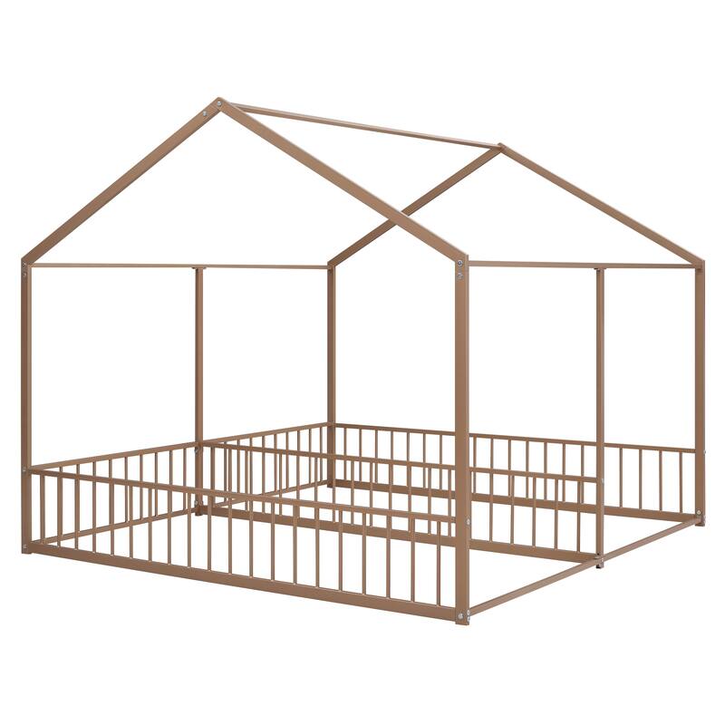 Twin Size Metal House Platform Bed with Roof, Windows, and Guardrails, 2-in-1 Bed Design, Easy Assembly