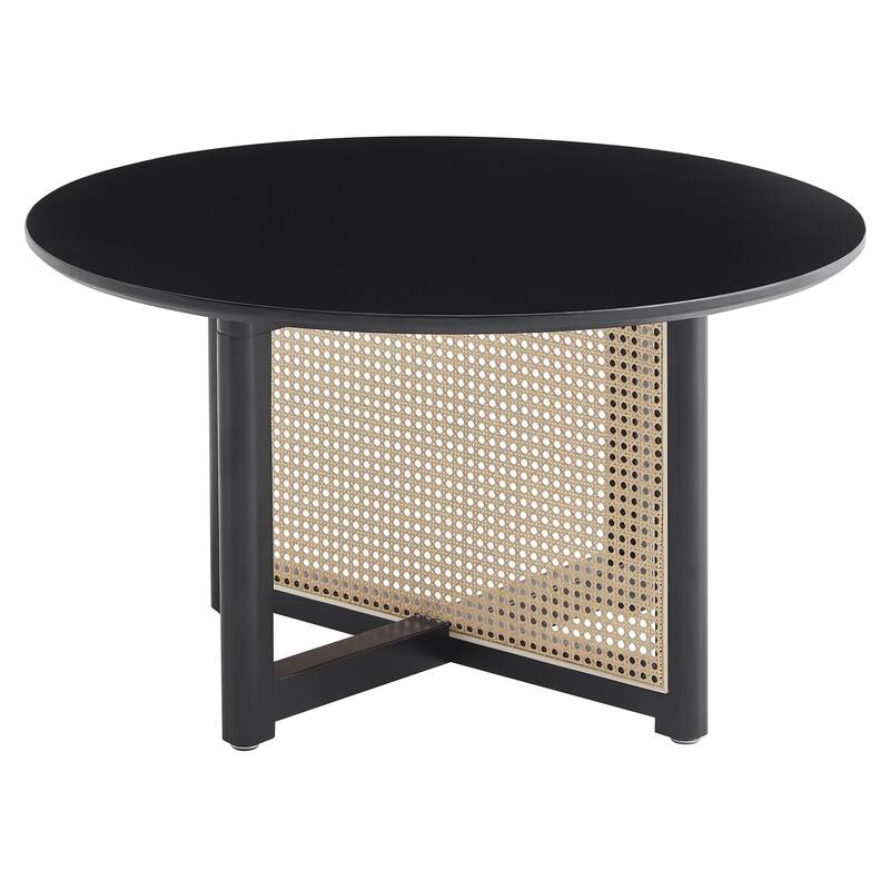 Mid Century Wooden Coffee Table Bohemian Style Coffee Table with Solid Wood and Frame Rattan Stand, for Living Room