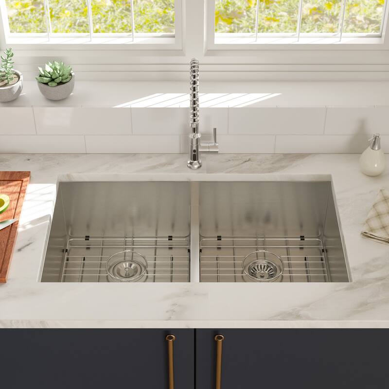 Double Bowl(50/50) Undermount Sink- 36" x 19" x 10" Double Bowl Kitchen Sink 16 Gauge with Two 10" Deep Basin