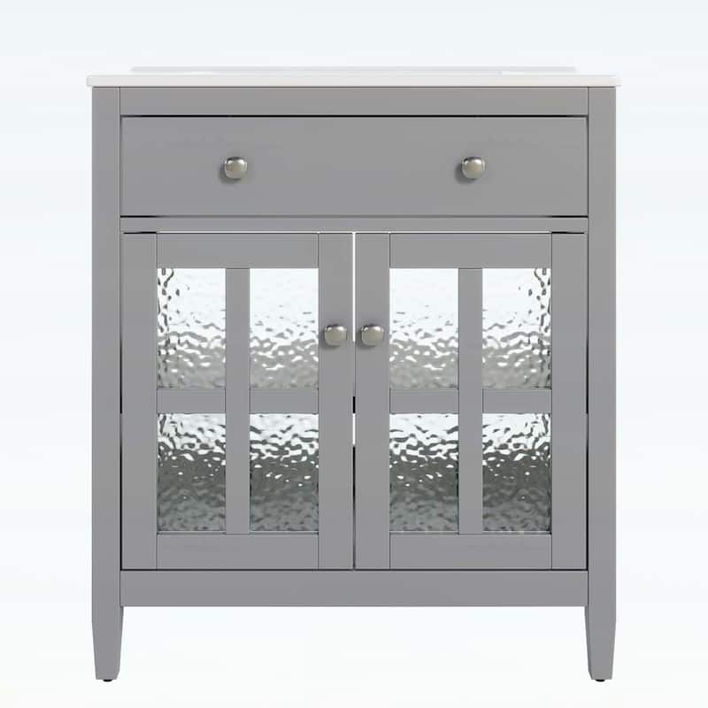 30-Inch Bathroom Vanity with Ceramic Sink,Adjustable Shelf,Tip-Out Tray,Wood Legs