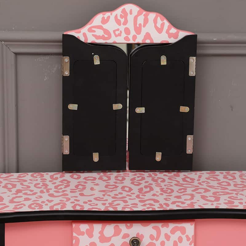 Three-Fold Mirror Single Drawer Kids Dresser Red Leopard Print