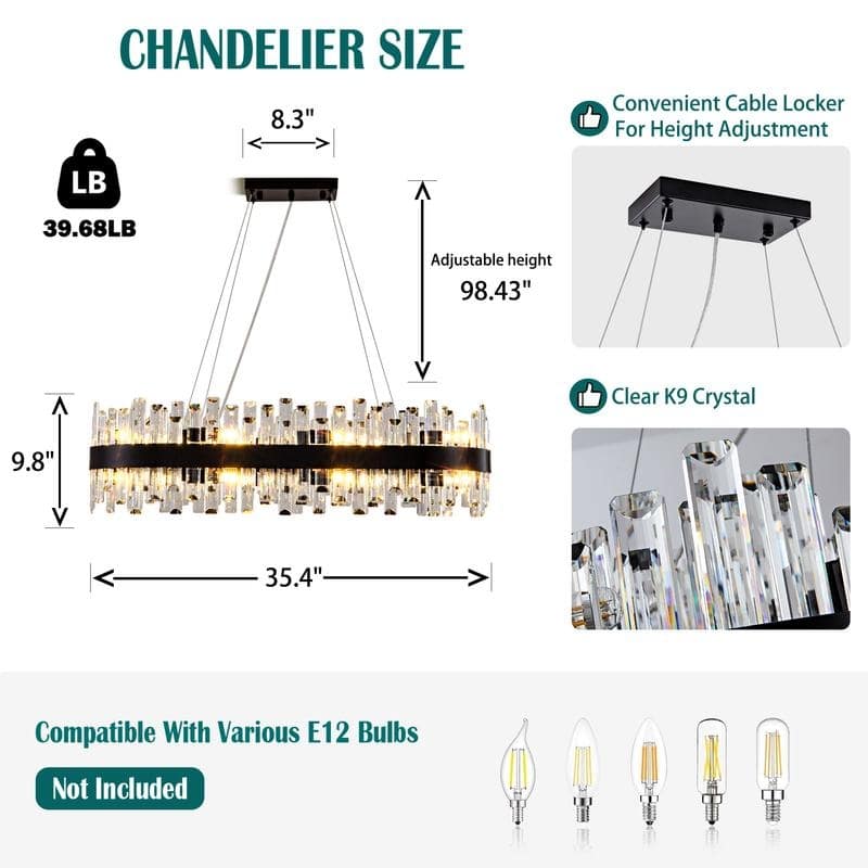 KAYLA 35in Dimmable Black Rectangle Crystal Chandelier - 35.4in