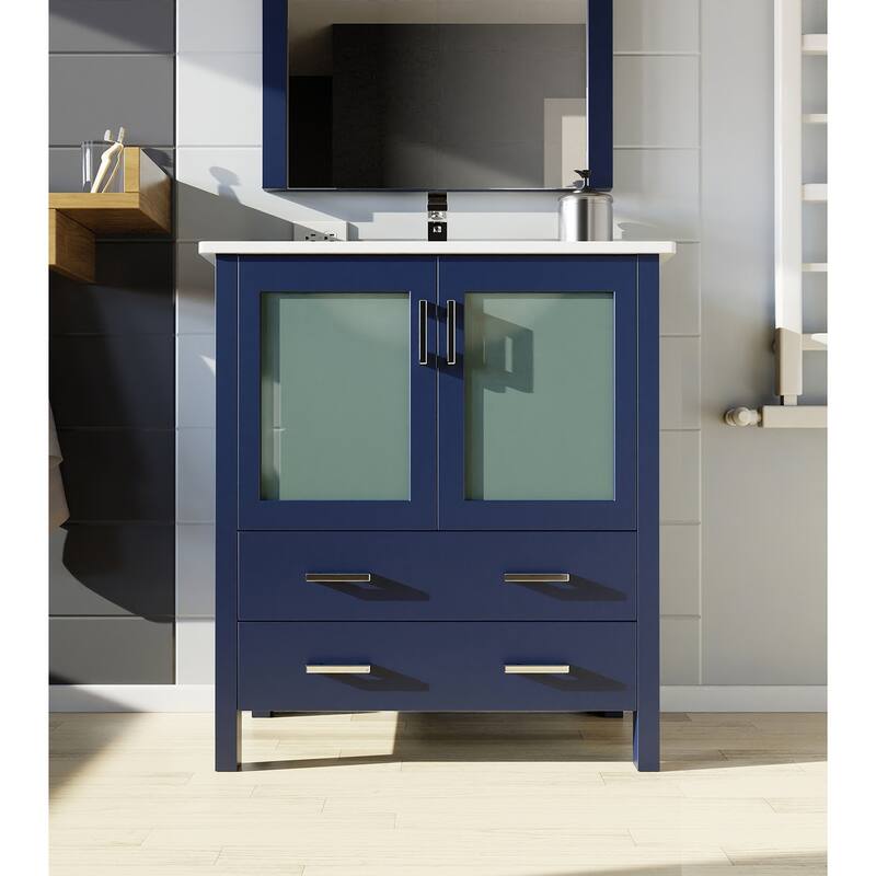 Bathroom Vanity with Ceramic Top, 28" x 32" Mirror, Soft Close Cabinet & Drawers, Scratch & Stain Resistant