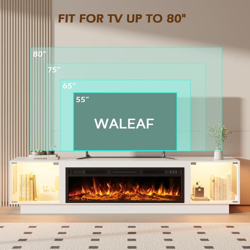 BOSSIN 80" Fireplace TV Stand with Adjustable LED Lights, Modern Entertainment Center with Glass Door Storage Cabinet, Black