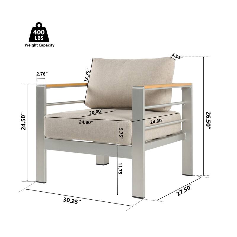 Roomfitters Cora Outdoor Aluminum Club Chairs with Olefin Fabric Cushions, Silver and Beige