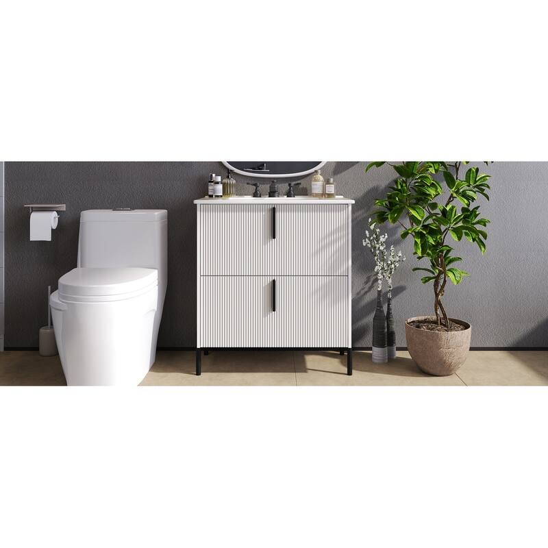 30" Bathroom Vanity with Ceramic Sink and Full-Extension Drawers, Soft Close Undermount Drawer Slides, Fluted Design