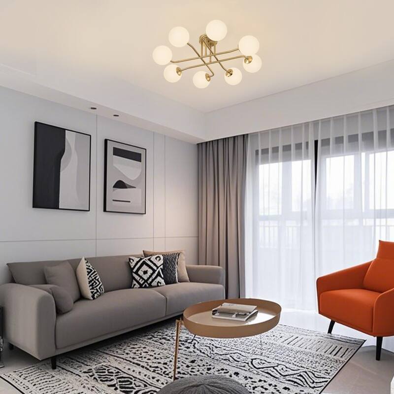 Retro - Modern Sputnik 8 - Light Semi - Flush Ceiling Light with Frosted Glass Spheres