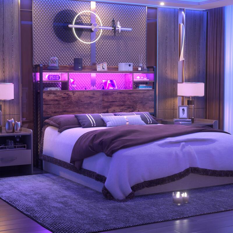 Storage Headboard with USB Port and Power Outlet, Head Board with LED Light for Bed Frame