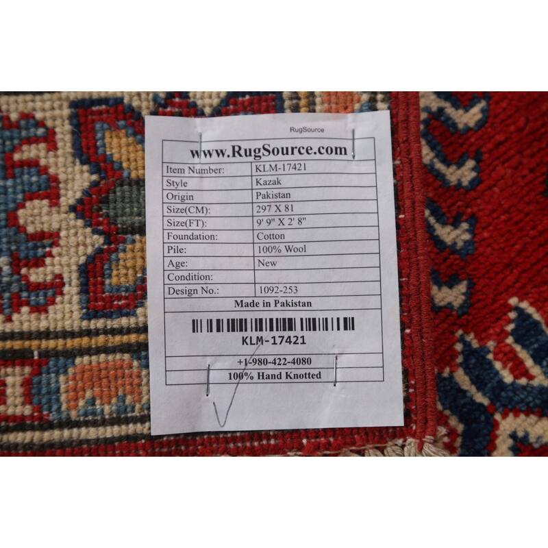 Red Geometric Kazak Oriental Wool Runner Rug Handmade Hallway Carpet - 2'8" x 9'9"