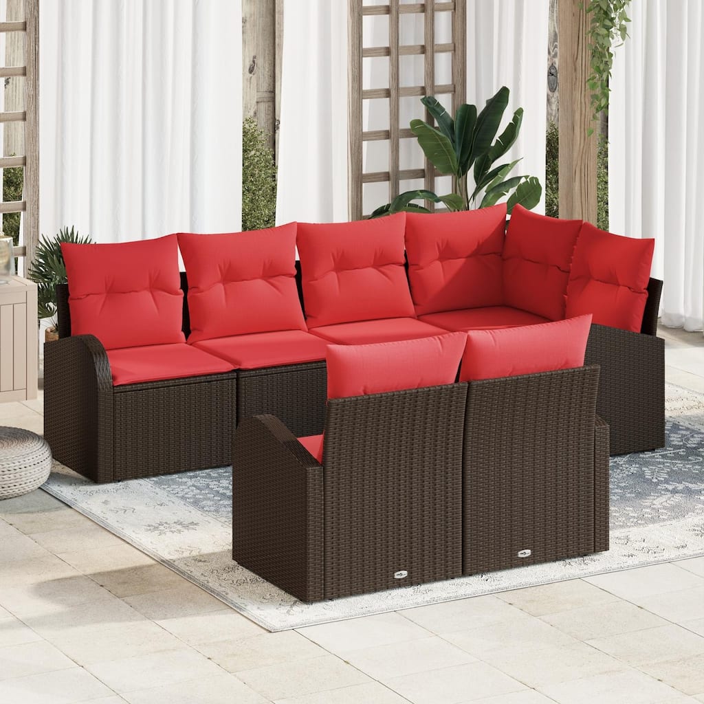 vidaXL 7 Garden Sofa Set with Cushions Black/Brown/Grey Poly Rattan - 92.1 x 48.8 x 27.2