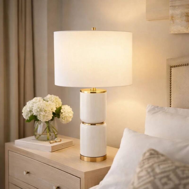 Table Lamp, Linen Drum Shade, Gold Accent White Ceramic Base, 26 Inch