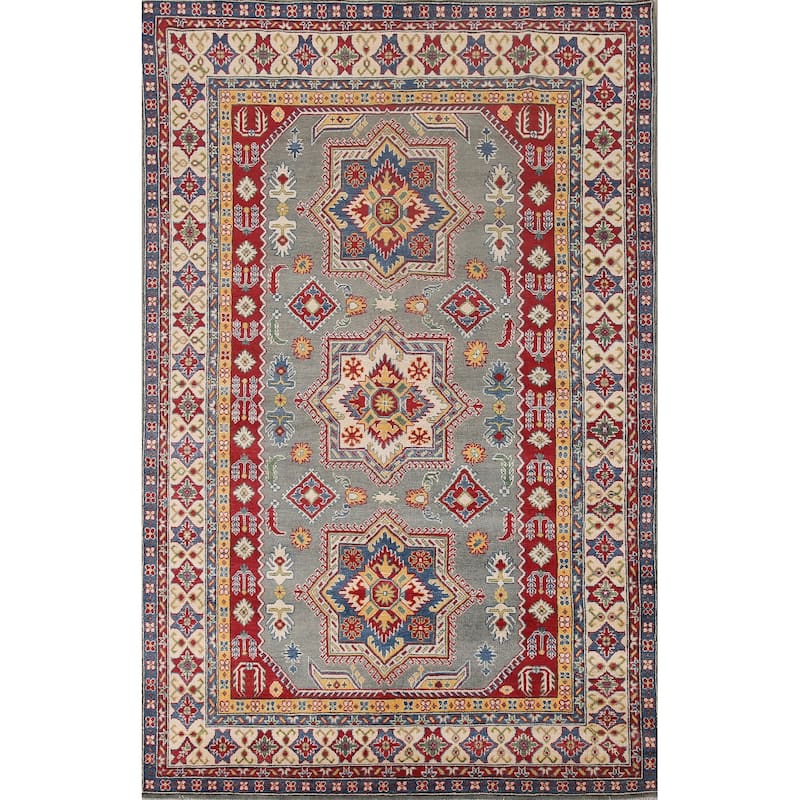 Hand Knotted Oriental 100% Wool Carpet Traditional Geometric Greys & Charcoal Kazak Area Rug - 9' 10'' X 6' 9''