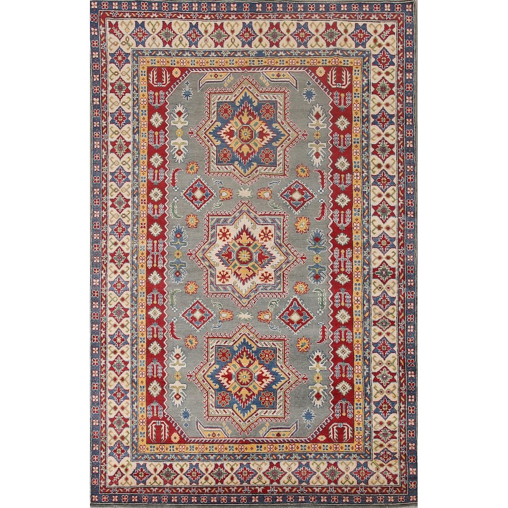 Hand Knotted Oriental 100% Wool Carpet Traditional Geometric Greys & Charcoal Kazak Area Rug - 9' 10'' X 6' 9''
