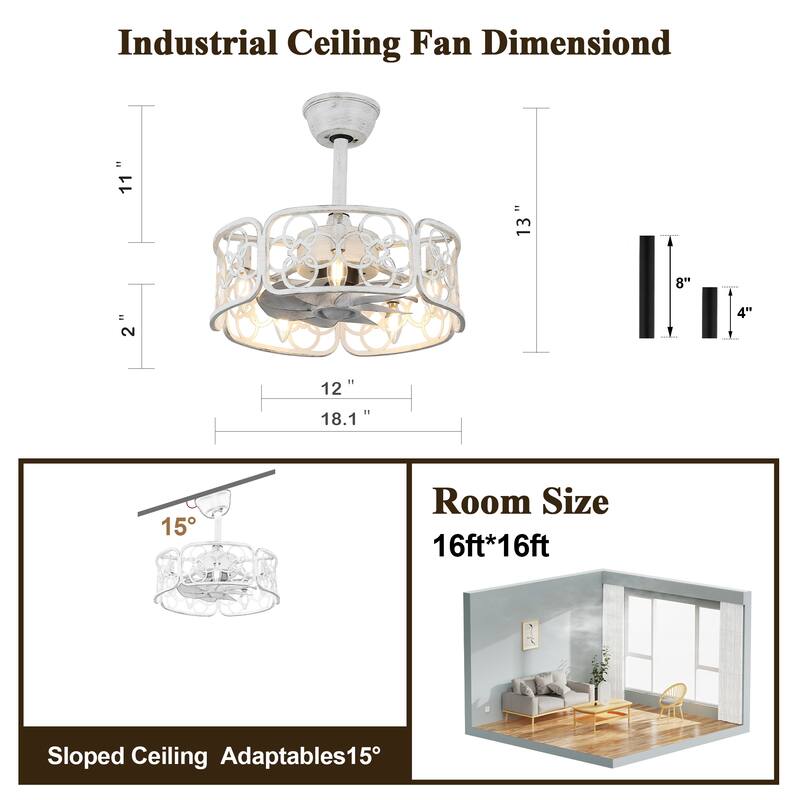 Bella Depot 18" White Metal Cage Ceiling Fan 3-Speed Reversible with Light Kit and Remote Control - 18.1 Inches