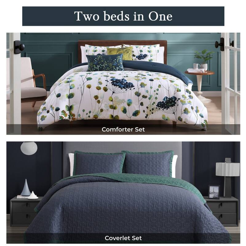 Bebejan Abstract Vines 8 Piece 100 % Cotton Sateen Reversible Comforter & Coverlet Set