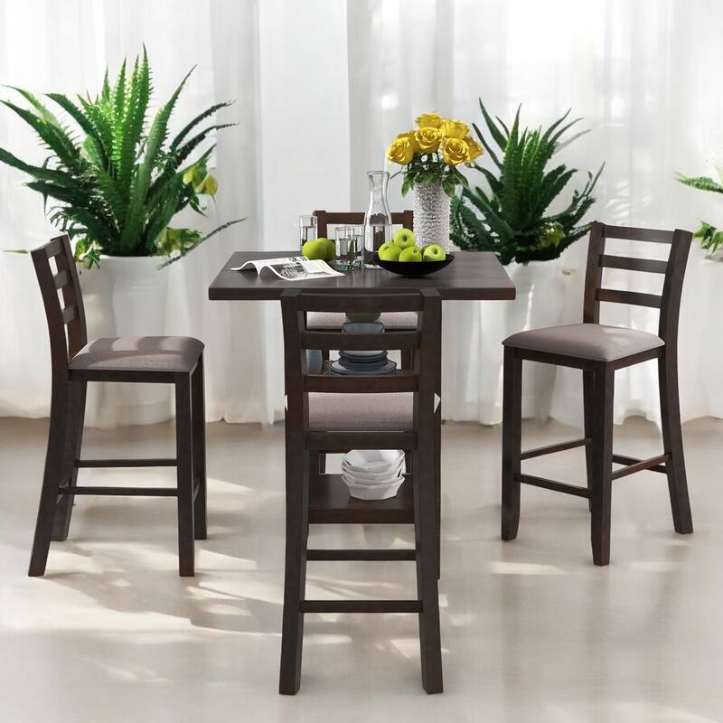 5-Piece Wooden Counter Height Dining table Set with Padded Chairs & Storage Shelf for Dining Room and Kitchen