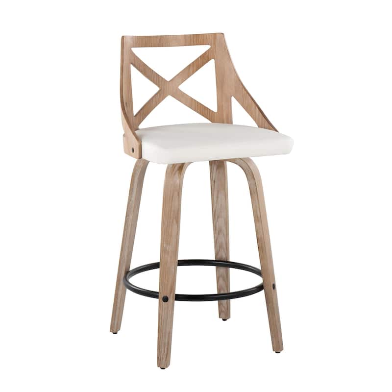 The Gray Barn Charlotte 26" Fixed-Height Counter Stool with Bent Wood Legs (Set of 2) - White Faux Leather/White Washed Wood/Black