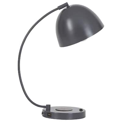 Curved Metal Desk Lamp with USB and Wireless Charging Pad, Gray