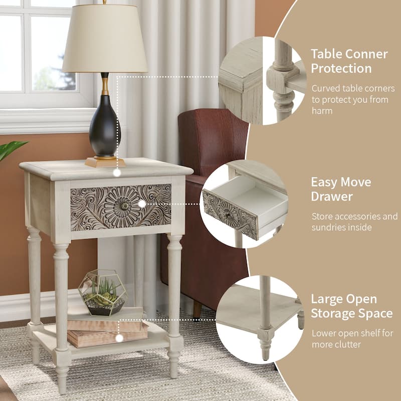 COSIEST Vintage Brown Pattern Solid Wood Nightstand with Drawers