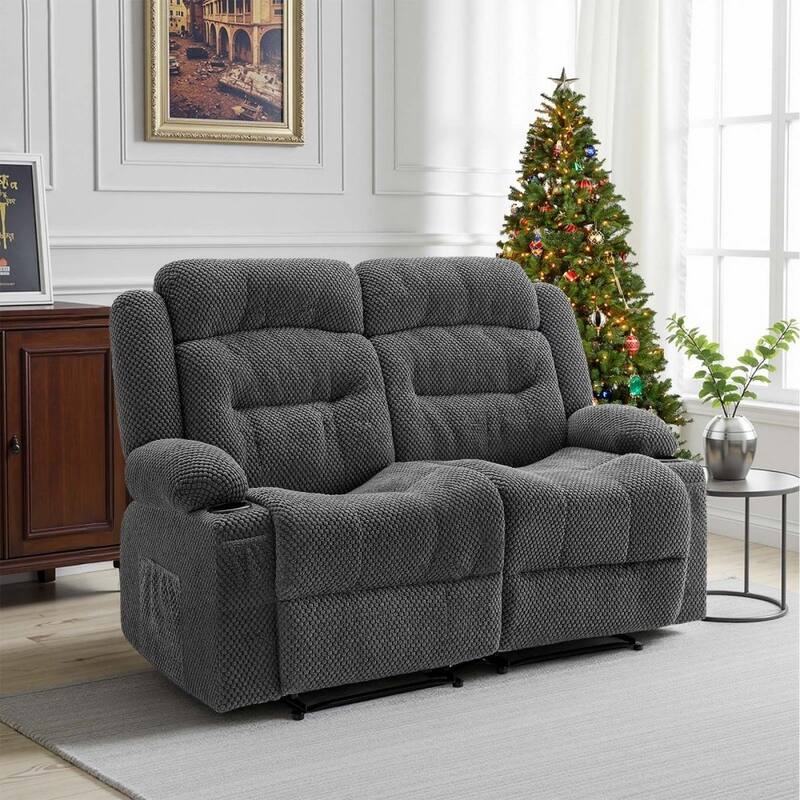 Grey Corduroy Recliner Loveseat with Vibration Massage, Lumbar Heat and USB Ports - 63 x 37 x 42.9 in