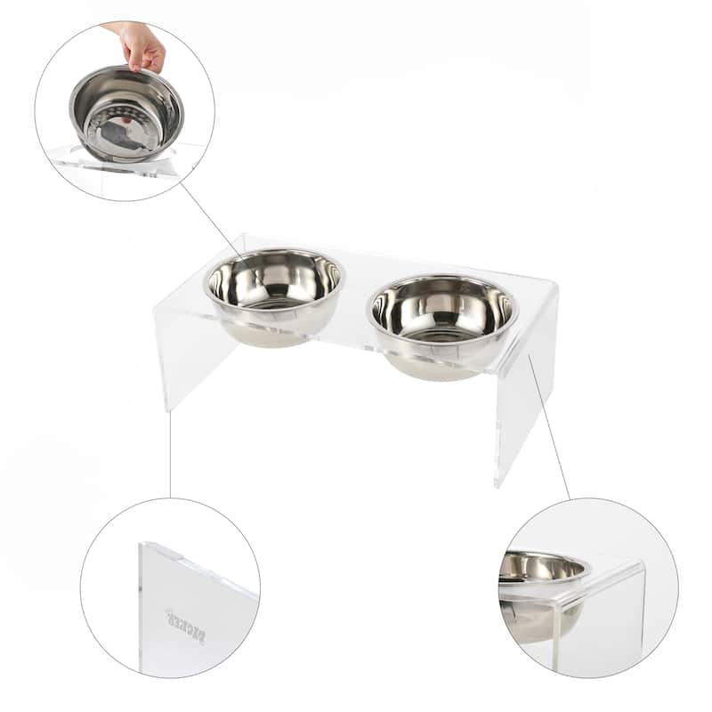 Keaton 7.5" Medium/Large Modern Lucite Rectangular Elevated Pet Feeder with 54oz 2-Stainless Steel Bowls